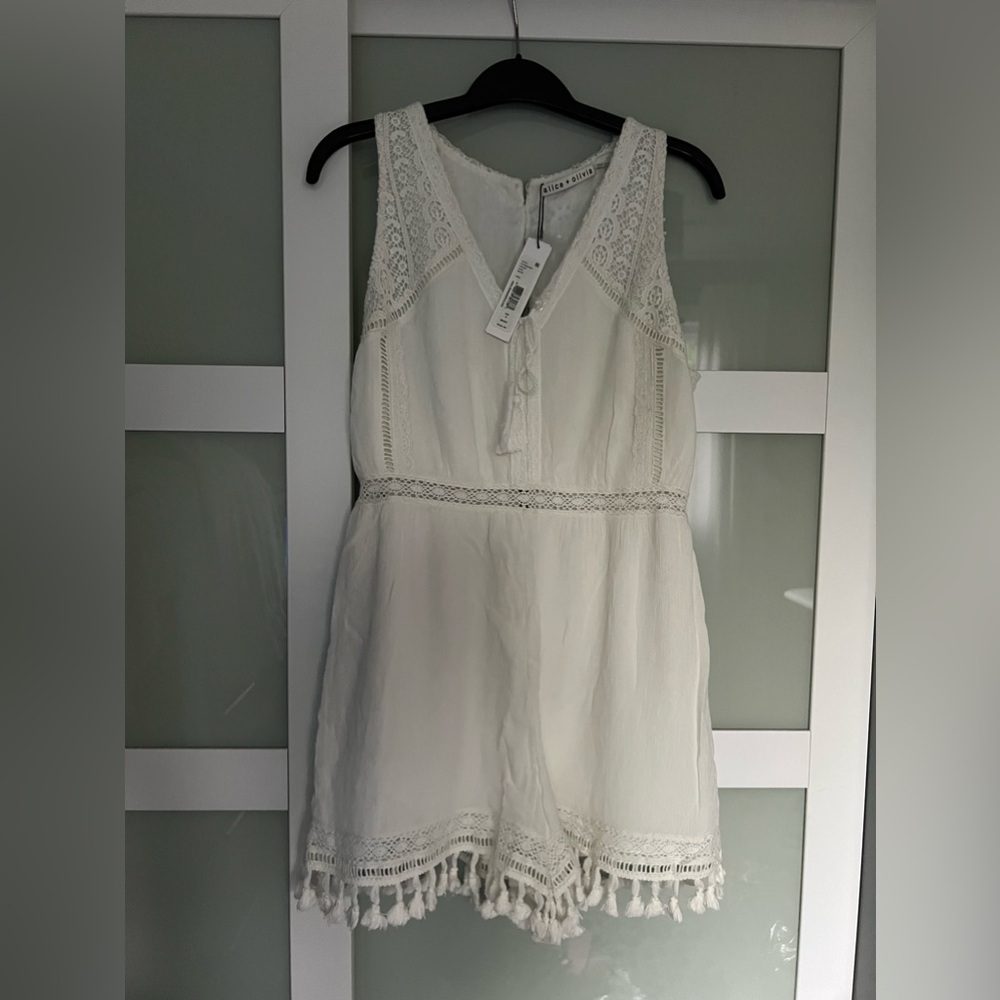 Alice + Olivia White Crochet Trim Tassel Romper